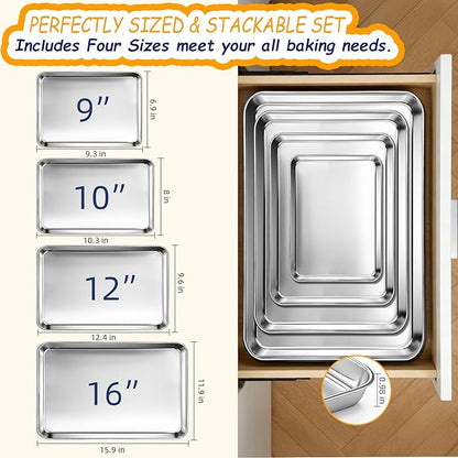 CEKEE Baking Sheet Set of 4, Stainless Steel Cookie Sheets for Baking, 0.8mm Heavy Duty Nonstick Baking Pans, 9/10/12/16 Inch Baking Trays for Oven, Non Toxic & Mirror Finish & Easy Clean - Image 3