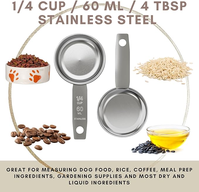 1/4 Cup Stainless Steel Measuring Cup | Sturdy Metal 60 ml | 60 cc | 2 oz | Single Cup for Wet and Dry Ingredients | Great for use as 1/4 Cup Dog Food Scoop - 12 PK - Image 2