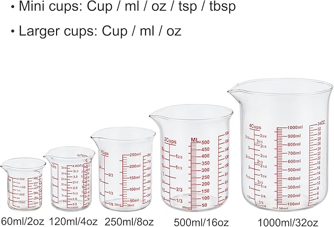 Ackers High Borosilicate Glass Measuring Cup Set with Pour Spout,60ml(2OZ),120ml(4OZ), 250ml(8OZ), 500ml(16OZ), 1000ml(32OZ) Glass Measuring Beaker for Kitchen or Restaurant, Easy to Read - Image 7