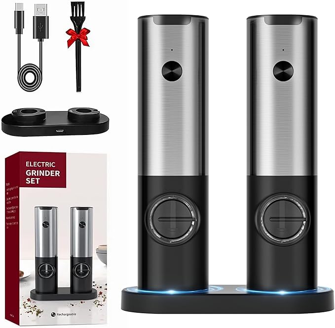 Electric Salt & Pepper Grinder Set - USB-C Rechargeable with LED Light & Charging Dock, 5 Adjustable Coarseness Settings, One-Touch Automatic Mills for Kitchen, Dining, and Gifts