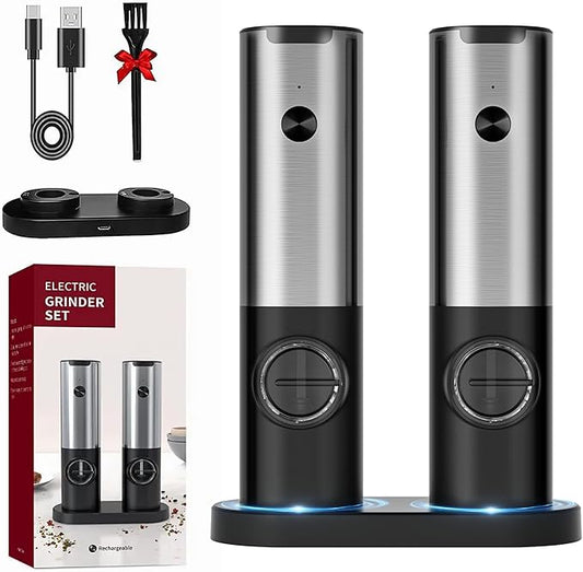 Electric Salt & Pepper Grinder Set - USB-C Rechargeable with LED Light & Charging Dock, 5 Adjustable Coarseness Settings, One-Touch Automatic Mills for Kitchen, Dining, and Gifts