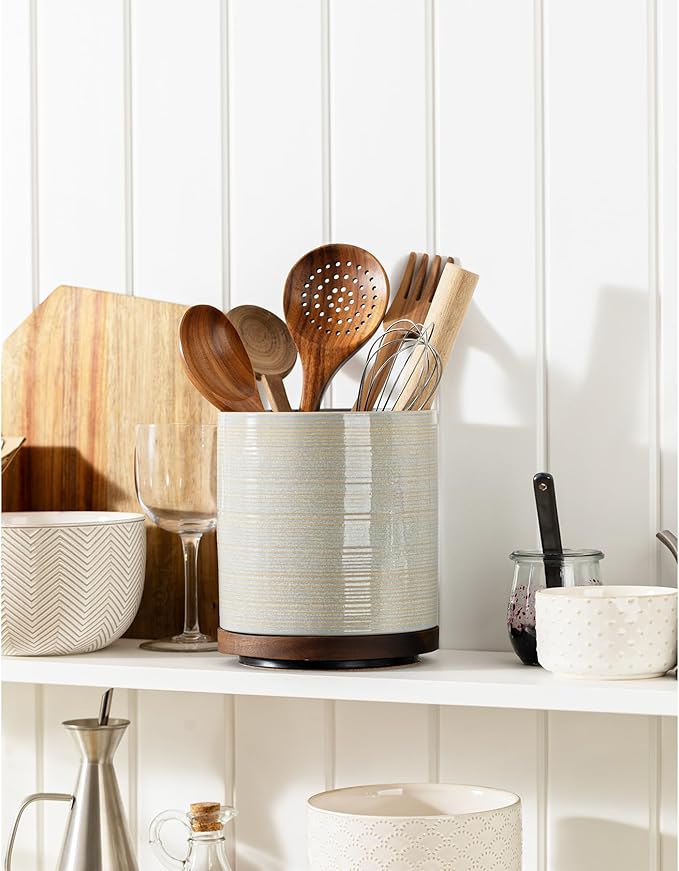 Utensil Holder, 360° Rotating Extra Large Ceramic Kitchen Utensil Holder for Countertop, 7.3" Cooking Utensil Crocks with Rotatable Wooden Base, Farmhouse Decor, Dusty Gray - Image 3