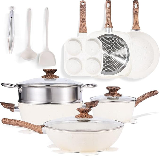 17 Pcs Pots and Pans Set, Nonstick & Non-Toxic Healthy Pots and Pans, Heat-Resistant Handles, Induction Cookware Sets with Frying Pans, White
