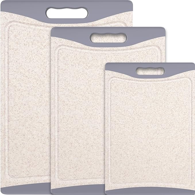 Extra Large Cutting Boards, Plastic Cutting Boards for Kitchen (Set of 3) Cutting Board Set Dishwasher Chopping Board with Juice Grooves Easy-Grip Handles, Beige, Empune by Empune