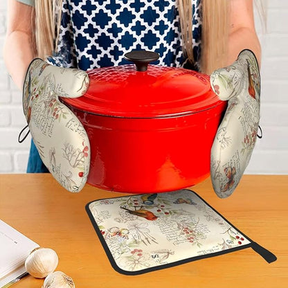 Vintage Bird Themed Hot Pads and Oven Mitts Set of 3,Heat Resistant Non Slip Cute Rustic Kitchen Mitts and Pot Holder Set & Baking Gloves for Cooking Baking Grilling BBQ,Bird Lover Gifts for Women