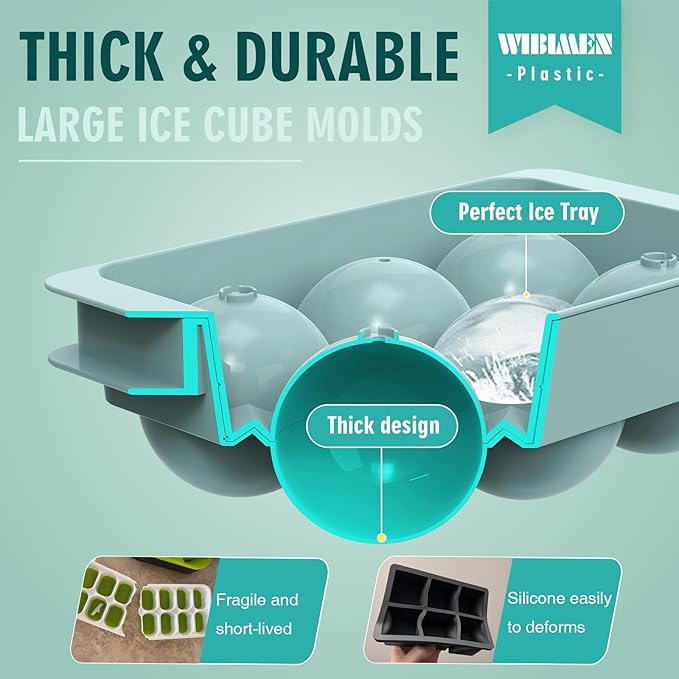 WIBIMEN Large Ice Cube Molds, Big Round Whiskey Ice Cube Trays for Freezer, Easy to Fill & Release, Whiskey Bourbon Cocktail(1.9In*6 Balls- Blue/1 Pack) - Image 5