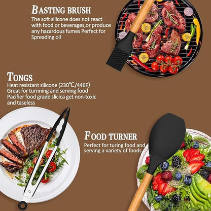 Umite Chef Kitchen Cooking Utensils Set, 33 pcs Non-Stick Silicone Cooking Kitchen Spatula Set with Holder, Wooden Handle Silicone Kitchen Gadgets Utensil Set (Black) - Image 5