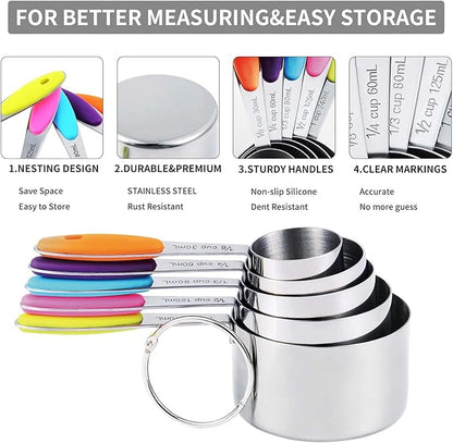 TILUCK measuring cups and magnetic measuring spoons set, stainless steel measuring cups, 6 double-sided stainless steel measuring spoons & 1 leveler (12) - Image 4