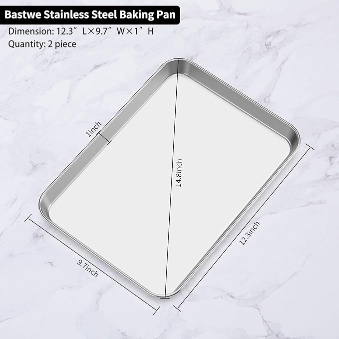 Baking Sheets 2 Pieces, Bastwe Cookie Sheets Set Stainless Steel Baking Pans Toaster Oven Tray Pans, Rectangle Size 12 × 10 × 1 inch, Rustproof & Healthy & Easy Clean & Dishwasher Safe - Image 3