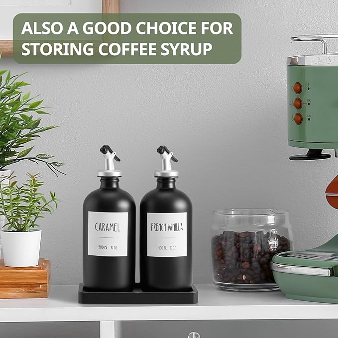Olive Oil Dispenser Bottle for Kitchen, 16oz Glass Oil and Vinegar Cruet Set with Wood Tray & 54 Labels - Coffee Syrup Dispenser - Black Kitchen Decor and Accessories - Set of 2 - Image 5