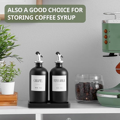 Olive Oil Dispenser Bottle for Kitchen, 16oz Glass Oil and Vinegar Cruet Set with Wood Tray & 54 Labels - Coffee Syrup Dispenser - Black Kitchen Decor and Accessories - Set of 2 - Image 5