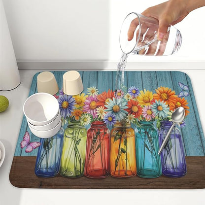 Vintage Floral Dish Drying Mat for Kitchen Counter Rustic Flower Vases Wooden Board Microfiber Dish Drainer Mat Spring Summer Absorbent Washable Drying Pad 16"x18"