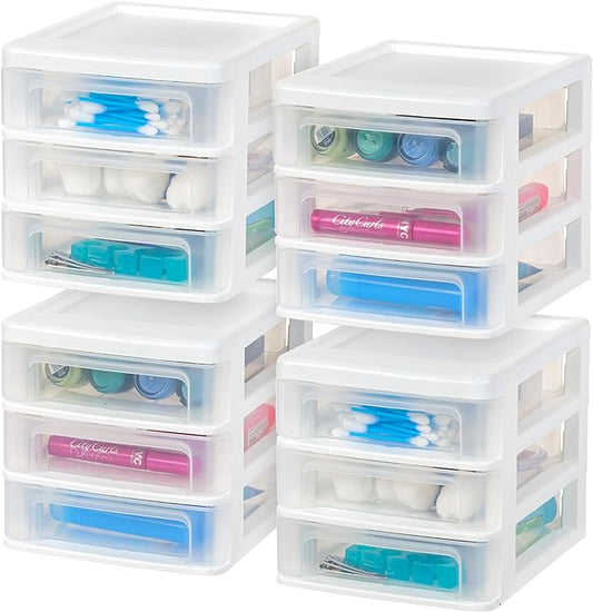 IRIS USA Small 3-Drawer Desktop Organizer, 4 Pack, Stackable, for Office, School, Stationery, Makeup Organizer, Bathroom, Utility, Medical Supplies, Desk Organizer, Versatile Storage, White