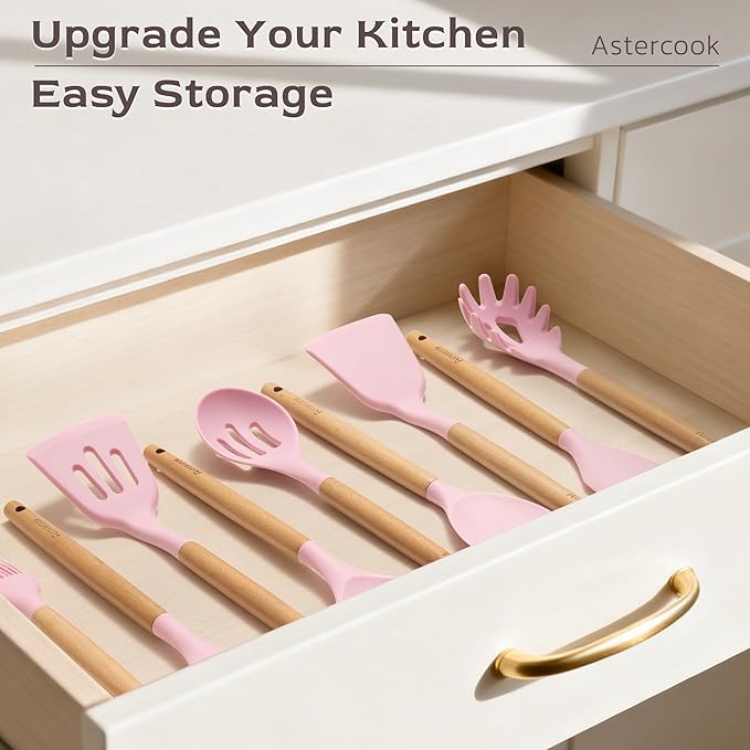 Astercook Kitchen Utensils set, 39 PCS Silicone Cooking Utensils Set with Wooden Handle, 446°F Heat Resistant Food Grade Utensil Sets, BPA Free Kitchen Gadgets Tools Set for Mothers Day Gifts - Image 8