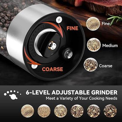 Electric Salt and Pepper Grinder Set Rechargeable, Yumcian Automatic Shakers Set with Adjustable Coarseness and LED Light, Stainless Steel Mill Set, Upgraded Larger Capacity