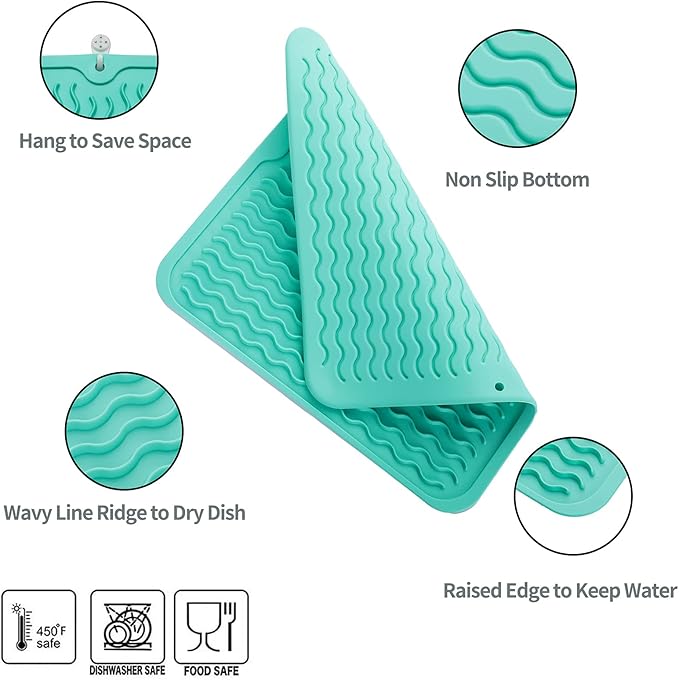 MicoYang Silicone Dish Drying Mat for Multiple Usage,Easy clean,Eco-friendly,Heat-resistant Silicone Mat for Kitchen Counter or Sink,Refrigerator or Drawer liner Mint M 12 inches x 12 inches - Image 3