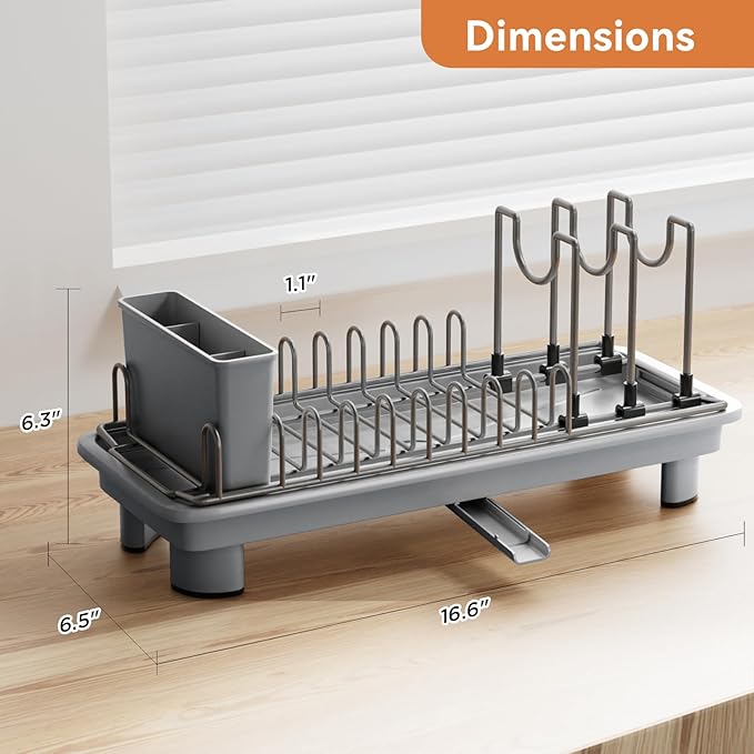 Laveshop Small Dish Drying Rack, Compact Dish Drainer for Kitchen Counter, with Adjustable Back Slots, Space-Saving for Small Kitchens, Gray - Image 5