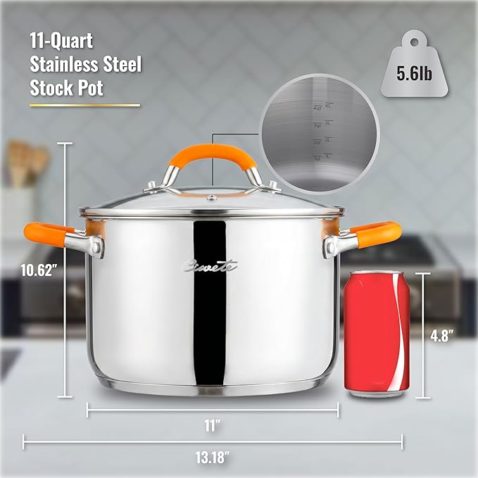 Ciwete Stainless Steel Stock Pot, 11 Quart Soup Pot with Lid, Heavy-Duty Thick Bottom Induction Cooking Pot for Pasta, Stew & Simmering, Fast Heating, Compatible with All Cooktops, Dishwasher Safe - Image 6