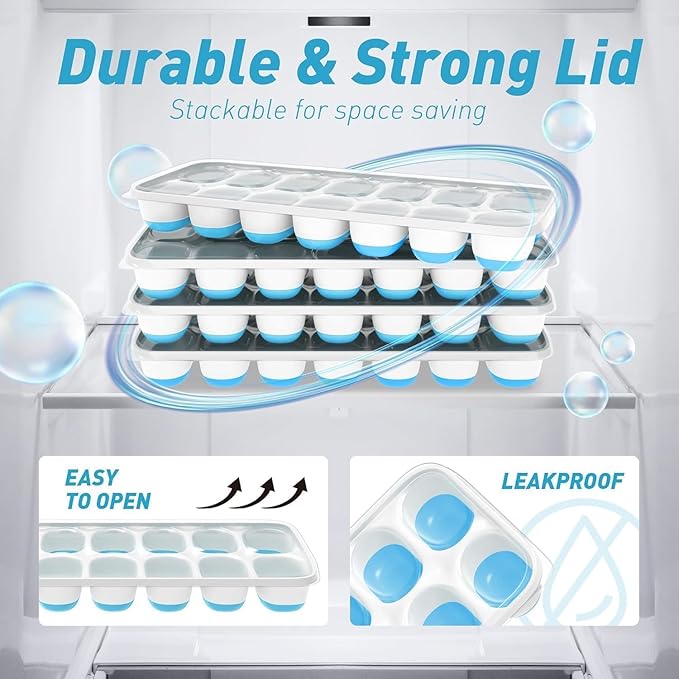 ChefAide Ice Cube Tray with Lid, 4 Packs 56 Cubes Durable Stackable Ice Cube Trays for Freezer with Removable Lids, Easy-Release Plastic & Silicone Ice Tray for Cocktail, Coffee - Image 7