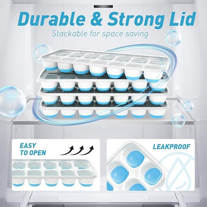 ChefAide Ice Cube Tray with Lid, 4 Packs 56 Cubes Durable Stackable Ice Cube Trays for Freezer with Removable Lids, Easy-Release Plastic & Silicone Ice Tray for Cocktail, Coffee - Image 7