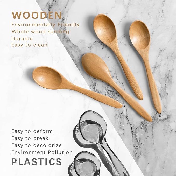 4 PCS Small Wooden Spoons, 5.8 Inch Honey Spoons for Tea, Schima Wooden Honey Teaspoon for Coffee, Little Tiny Wood Spoons, Bamboo Table Spoon for stirring, Wooden Spoons for Utensils Set - Image 3
