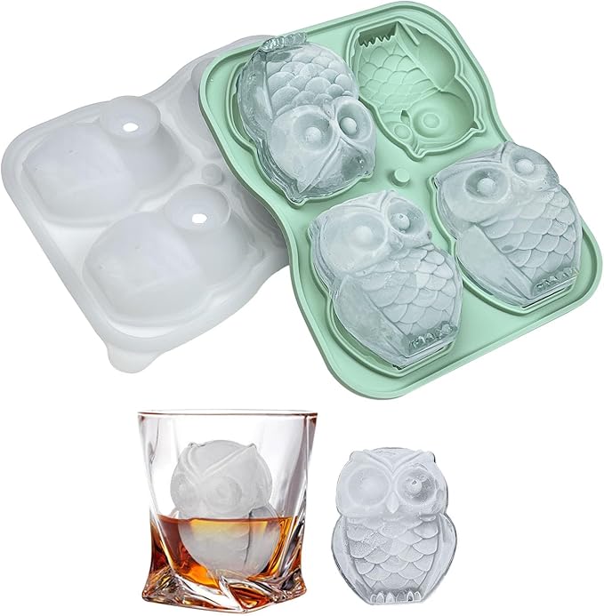 Cute Owl Ice Cube Mold, Owl Shapes Ice Cube Tray, Silicone Ice Mold Fun Shapes, Make 4 Large Owl Ice Balls for Whiskey Cocktails Drinks, Green