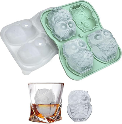Cute Owl Ice Cube Mold, Owl Shapes Ice Cube Tray, Silicone Ice Mold Fun Shapes, Make 4 Large Owl Ice Balls for Whiskey Cocktails Drinks, Green