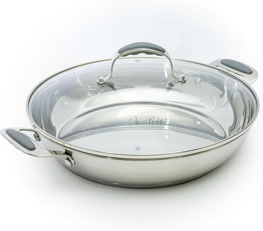David Burke Stature 12.5" Fry Pan – Thick Solid Steel Side Handles - Brushed Gray