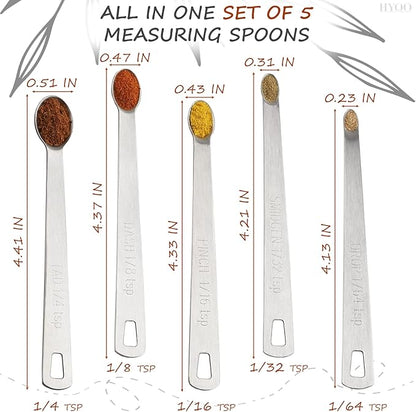 5 Pcs Mini Measuring Spoons Set - Stackable Design, 1/4, 1/8, 1/16, 1/32, 1/64 TSP Sizes, Flat Handle Metal Measuring Spoons Made of Durable Stainless Steel for Cooking, Baking & Small Kitchen Tasks