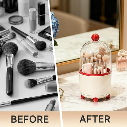 Makeup Brush Holder with Lid, Cosmetic Tools Organizer with Cover, 360° Rotating Sliding Opening Dustproof Brushes Container for Vanity, Ideal Gift for Girlfriend Wife Friends (Red)