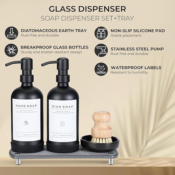 [Luxury] Kitchen Soap Dispenser Set - 16OZ Black Glass Bottle, Stainless Steel Pump, Instant Dry Tray, Waterproof Labels, Non-Slip Silicone Pad, and Dish Brush | Upgrade for Your Kitchen and Bathroom - Image 2