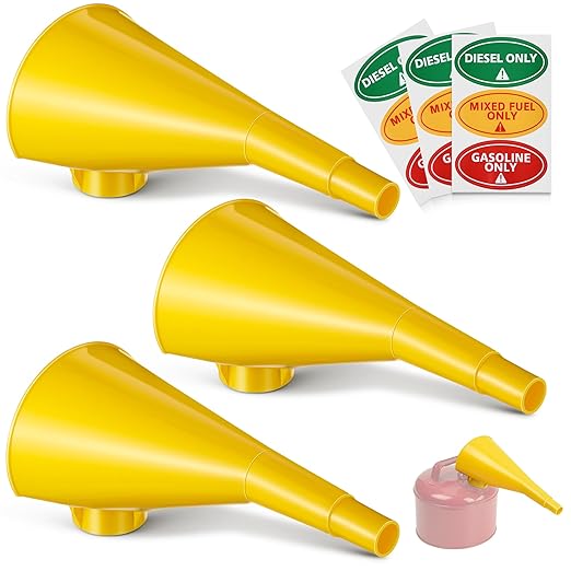 Plastic Funnel for Type I Metal Safety Cans, Compatible with Eagle F15FUN, Fits 1/2/5 Gallon Cans, 10" HDPE Funnel, Includes Diesel Only, Gasoline Only, Mixed Fuel Stickers (3 Pack,Yellow)