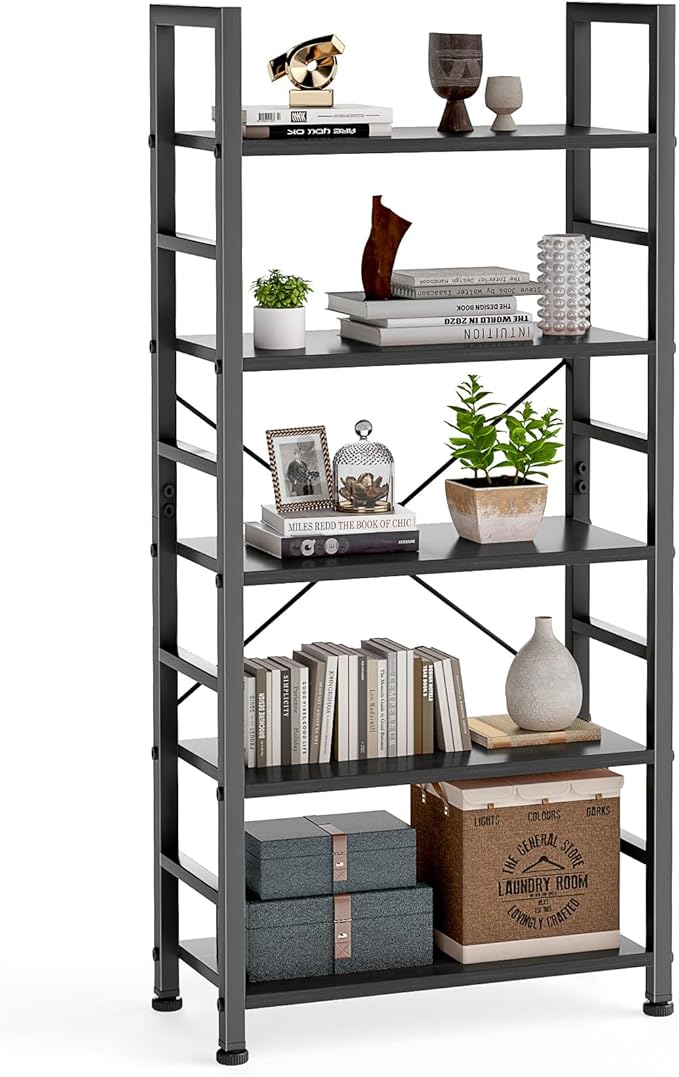 DUMOS 5 Tiers Bookshelf, Classical Book Shelf, Tall Display Shelves in Living Room/Home/Office, Storage Organizer for CDs/Books/Movies, Modern Black by DumosLifestyle