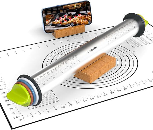 Stainless Steel Rolling Pin with Thickness Rings and Pastry Baking Mat for Baking, Fondant, Pizza, Pie, Cookies, Pastries, 13.6" Rolling Pin with 4 Multi-Color Thickness Rings and Wooden Stand