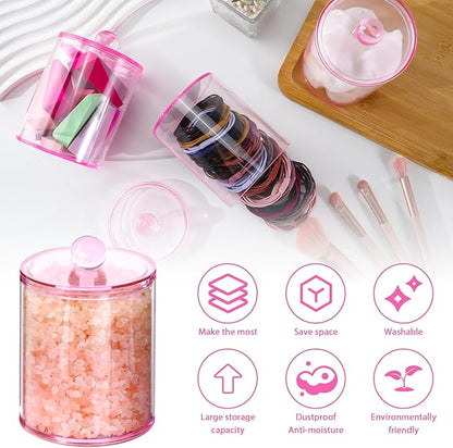 XIPENGKEJI 6 Pack Qtip Holder,Canister Apothecary Jar Set, Bathroom Jars with Lids Set for Cotton Swabs, Balls, Pads, Floss Picks,10oz-12oz Plastic Canisters Restroom Bedroom Vanity Organizer(Pink)