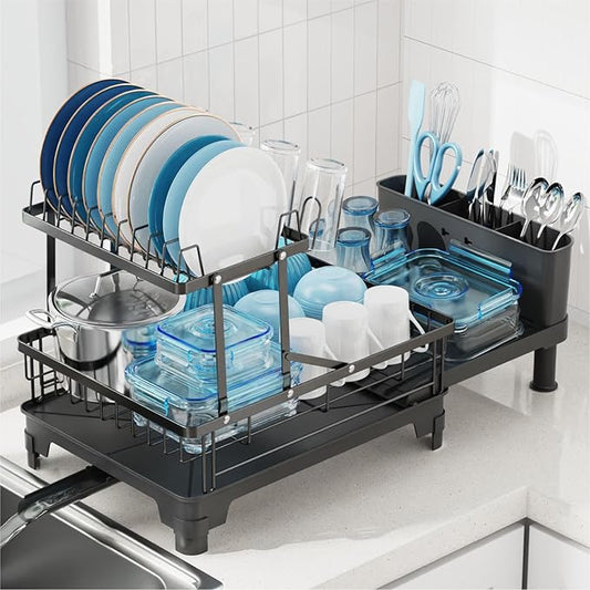 GSlife 2 Tier Dish Drying Rack with Drainboard, Expandable Large Dish Drainer for Kitchen Counter, Rust Resistant Dish Drainer with Cup Holder & Utensil Holder, 12.6" W x 18.7"-25.2" L, Black by GSlife
