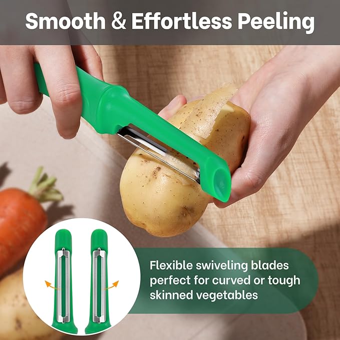Beneno Swivel Vegetable Peeler, Razor-Sharp Smooth Peeling Potato Peelers with Stainless Steel Blades, Ergonomic Comfort Non-Slip Rubber Handle, Durable Kitchen Peelers with Potato Eye Remover, Green - Image 8