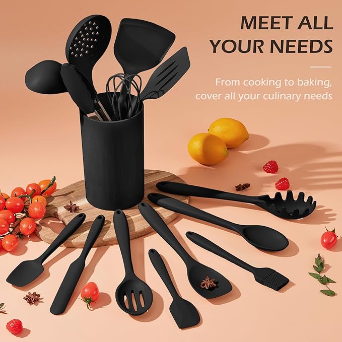 Silicone Cooking Utensil Set, Homikit 15pcs Kitchen Utensils with Holder for Nonstick Cookware, Heat Resistant Nontoxic Silicone Spatula Set Dishwasher Safe Kitchen Tools for Baking-Black - Image 9