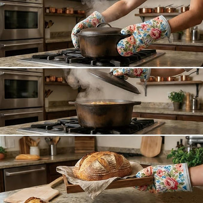Floral Oven Mitts and Pot Holders Sets 2 Pcs, Canvas Heat Resistant Kitchen Mittens with Hot Pads, Vintage Farmhouse Country Decor, Non-Slip Cooking Baking Grilling Gifts for Women Mom (Flower5)