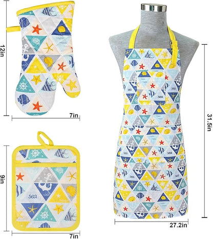 Alselo Oven Mitts and Pot Holders with Chef Apron,Set of 5 Heat Resistant Kitchen Gloves and Silicone Non-Slip Potholders Adjustable Neck Buckle Apron, Cotton Nice Design for Cooking (Sea Fish)
