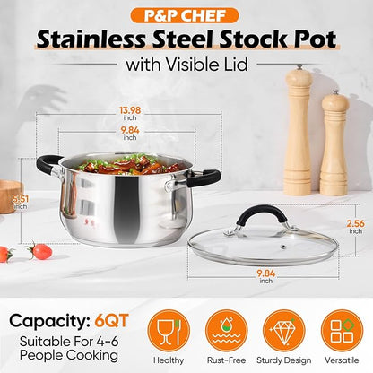 P&P CHEF Stainless Steel Stock Pot, 6 Qt Cooking Soup Pot with Visible Lid for Pasta, Tri-Ply Bottom & Dual Heatproof Handles, For Induction Gas All Stoves, Non-Toxic & Dishwasher Safe - Image 2