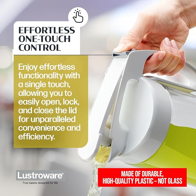 Lustroware QuickServe Airtight Pitcher - 2.1L (70oz), Heat Resistant, BPA-Free SAN Plastic, One Touch Open & Close, Space-Saving, Made in Japan - White - Image 8