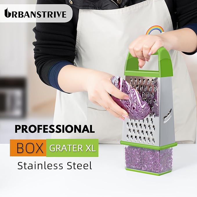 Urbanstrive Cheese Grater With Container, Professional Cheese Grater with Handle, Stainless Steel Graters for Kitchen Handheld, Box Grater with 4 Sides for Vegetables, Ginger, Potatoes (Green) - Image 5