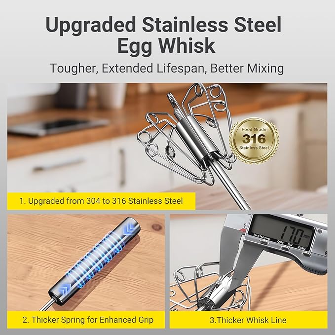 Egg Whisk, Upgraded Stainless Steel Semi Automatic Whisk,Hand Wisk Egg Beater Easy to Use for Making Cream, Blending, Whisking, Beating & Stirring (12 Inch) - Image 2