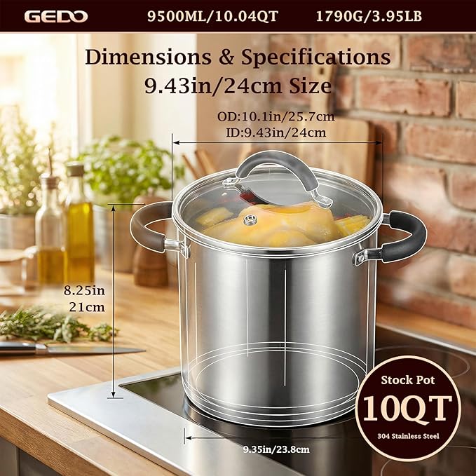 GEDO Food-Grade 304 Stainless Steel Stock Pot, Thickened Cooking Pot with Tempered Glass Lid, Heat-Resistant Handles, Fits All Stovetops for Soup Stew Canning, Dishwasher Safe (10, Quarts) - Image 3