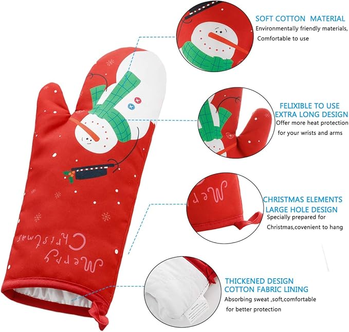 Oven Mitts and Potholders BBQ Gloves-Oven Mitts and Pot Holders with Recycled Infill Silicone Non-Slip Cooking Gloves for Cooking Baking Grilling (4-Piece Set) (Red Christmas Snow) - Image 2