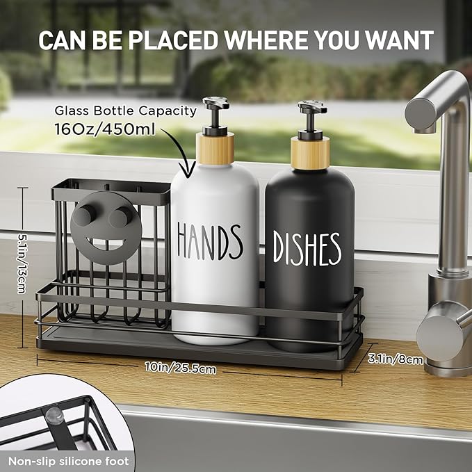 Moforoco Kitchen Dish Soap Dispenser Set, 16OZ Glass Bottle, Hand and Dish Soap Dispenser Set, Instant Dry Tray, Brush Holder with Smiley Face Sponge Holder (Black Tray+Black&White Bottle) - Image 6