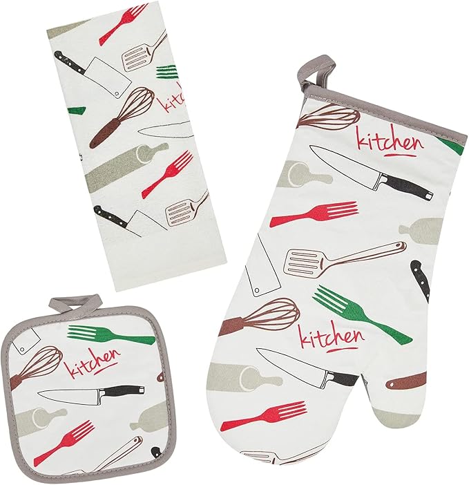 Oven Mitts and Potholders Dish Towles Set 100% Cotton for Perfect for Gifting, Baking, and Everyday Cooking Durable Heat Resistant for Kitchen and Machine Washable (3-Piece Fork and Knife) by Firstall