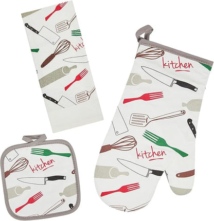 Oven Mitts and Potholders Dish Towles Set 100% Cotton for Perfect for Gifting, Baking, and Everyday Cooking Durable Heat Resistant for Kitchen and Machine Washable (3-Piece Fork and Knife) by Firstall