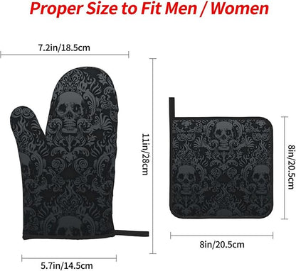 Victorian Gothic Black Skull Damask Oven Mitts and Pot Holders Sets of 4,Resistant Hot Pads with Polyester Non-Slip BBQ Gloves for Kitchen,Cooking,Baking,Grilling